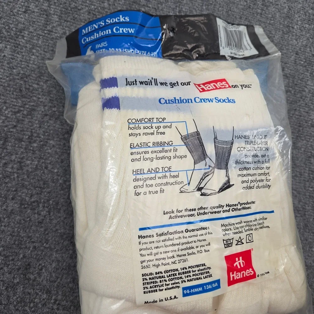 Vintage 90s Hanes Cushion Crew Socks Men Sz 6-12 White 6-Pack Made USA DeadStock